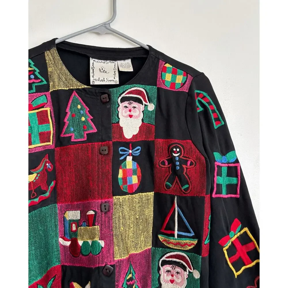 Black Red Vintage Michael Simon Christmas Patchwork Cardigan S